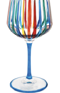 Stemmed wine glass with clear bowl decorated with vertical stripes in red, orange, yellow, green and blue, on a light blue stem and base.