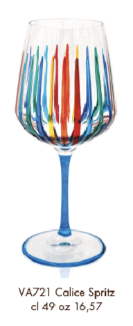 Stemmed wine glass with clear bowl decorated with vertical stripes in red, orange, yellow, green and blue, on a light blue stem and base.
