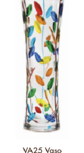 Tall, slender clear glass vase with a gently curved waist, decorated with branching vines and colourful leaves in red, blue, turquoise, green, yellow and orange.